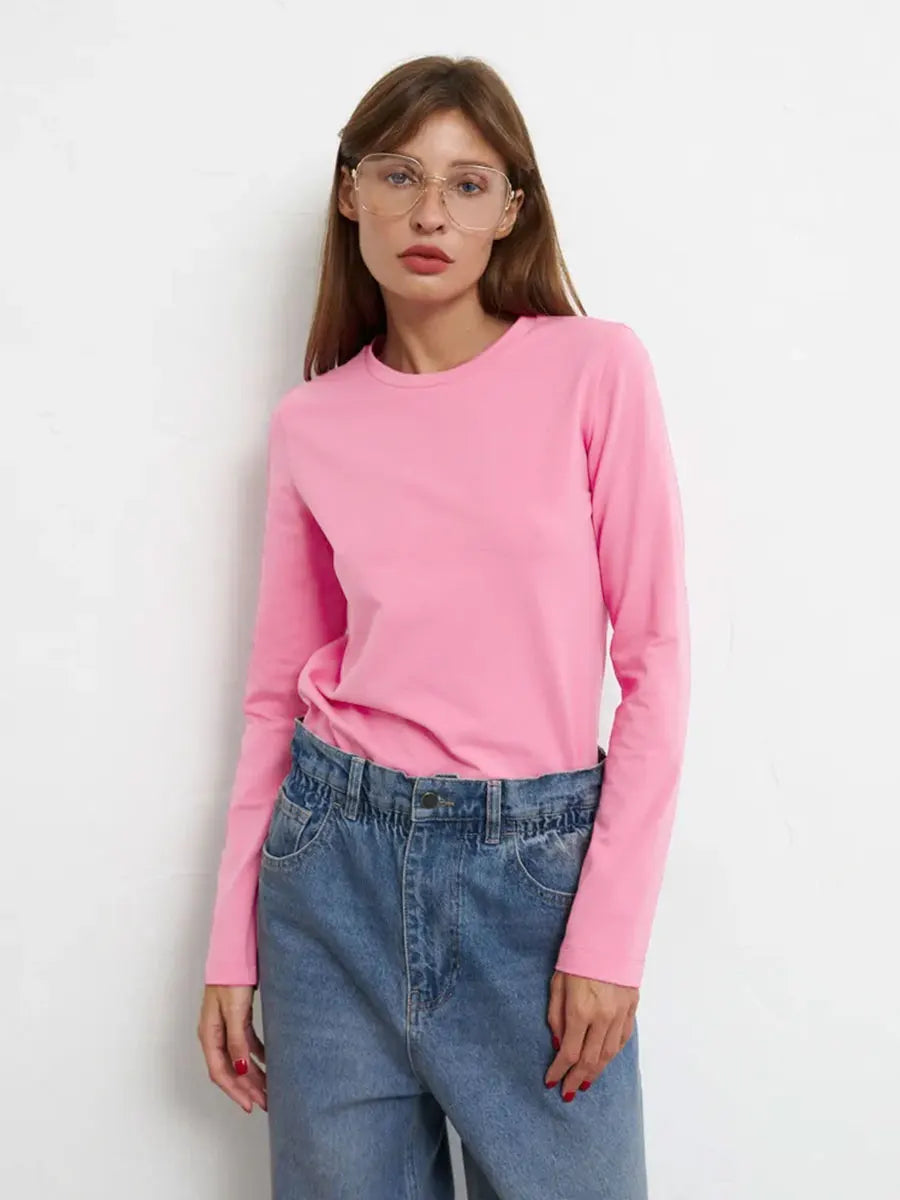 Women's Spring Autumn 100% Cotton T-shirt Bottoming Basic Solid Lady Long Sleeve Loose Tops Shirts Oversized T Shirt