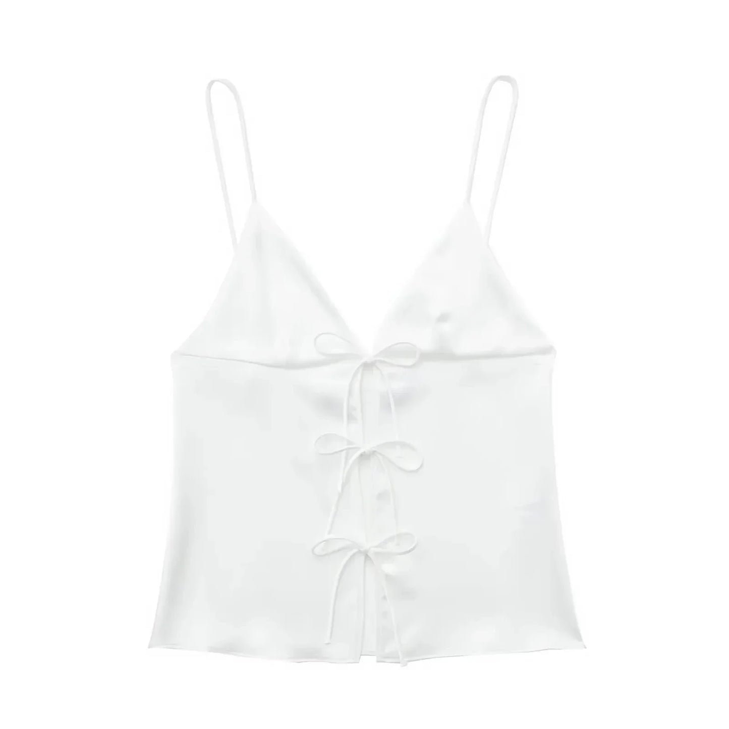 Women Front Bow Tie Top Elegant V Neck Solid Camis Sleeveless Backless Sexy Lady Straps Tanks Y2k Female Slim Crop Tops