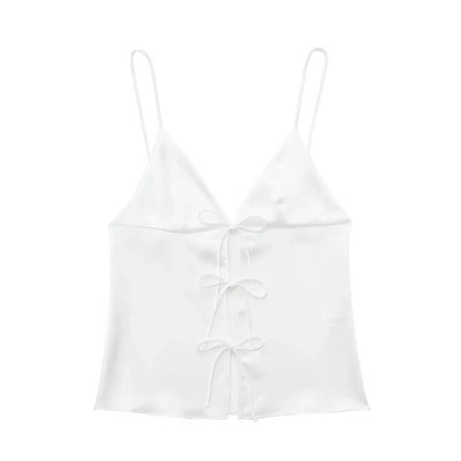 Women Front Bow Tie Top Elegant V Neck Solid Camis Sleeveless Backless Sexy Lady Straps Tanks Y2k Female Slim Crop Tops