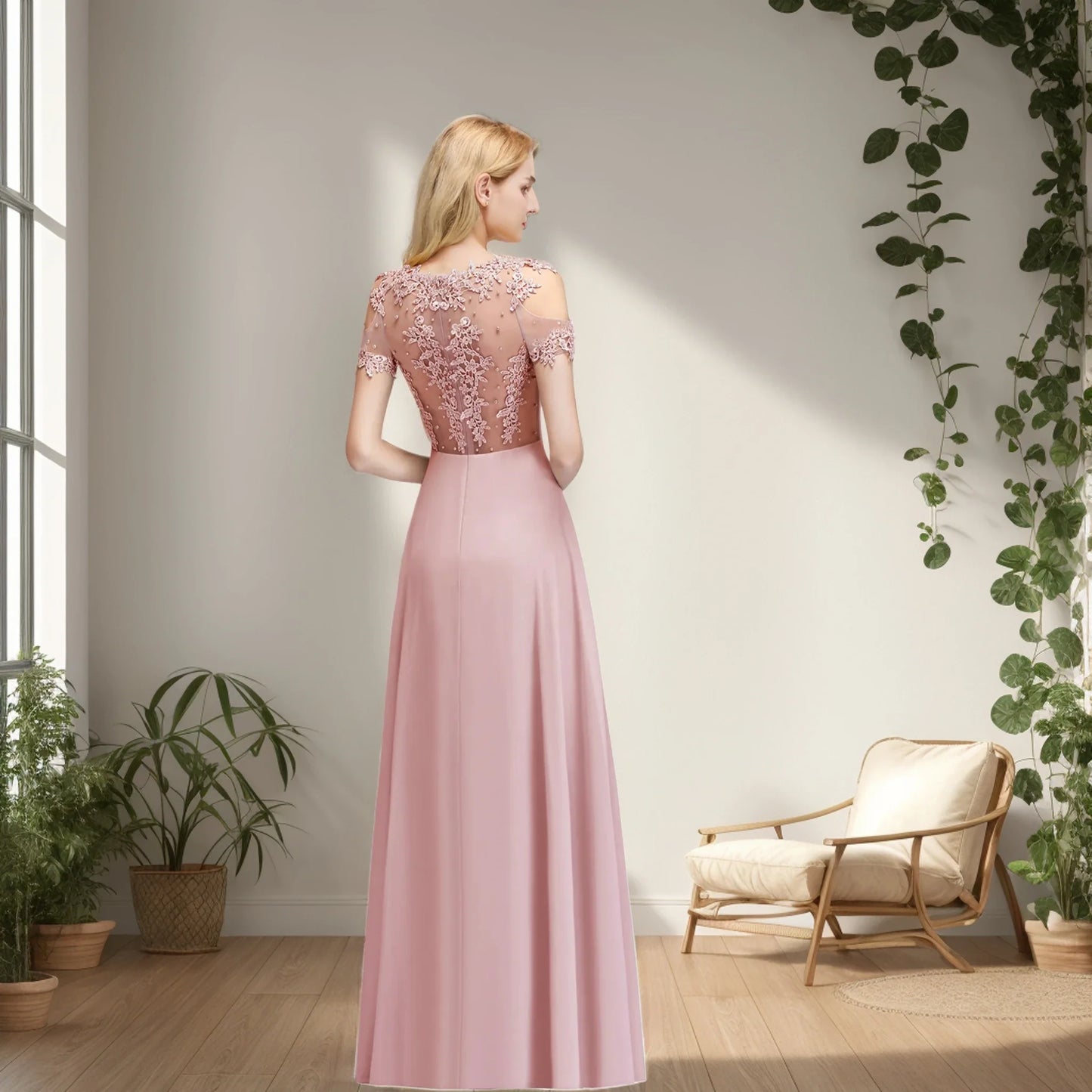 New Burgundy Evening Dresses Illusion Lace Appliques O-Neck Short Sleeve Prom Dress Sheer Back A-Line Long Formal Party Gowns