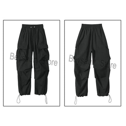Streetwear 2025 New Spring Harem Multicolored Casual Pants Men Elastic Waist Solid Color Cargo Pants Multi Pocket Baggy Pants