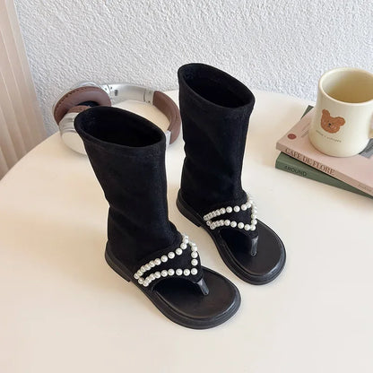 2025 Children High-top Sandals for Girls Summer New Fashion Korean Style Soft Sole Non-slip Versatile Pearl Roman Princess Shoes