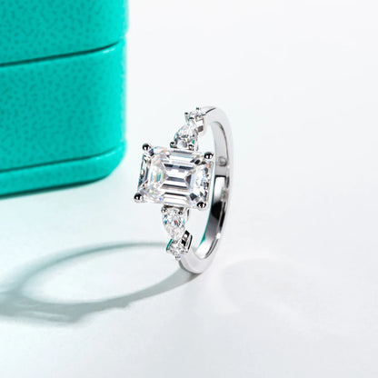3ct D Color Emerald Cut Moissanite & 0.3ct Pear Cut Engagement Ring 18K Gold Plated Ideal for Weddings Women's Gifts