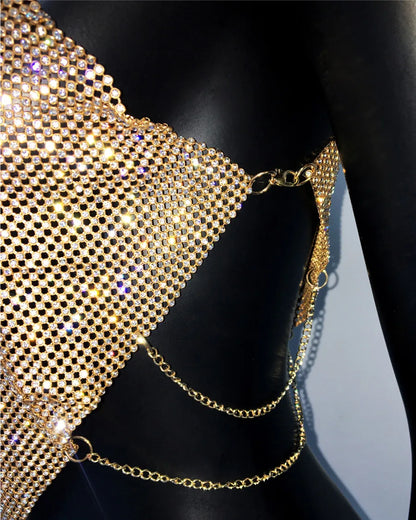 Shiny Rhinestone Metal Camisole For Women Sexy Backless Single shoulder Side Split Tank Tops Cocktail Party Club Crop Top Y2K