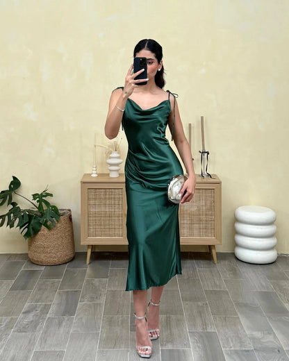 2025 Summer Midi Dresses Adjustable Lace-up Straps Sleeveless Backless Evening Dress Satin Calf-Length Split Beach Party Dress