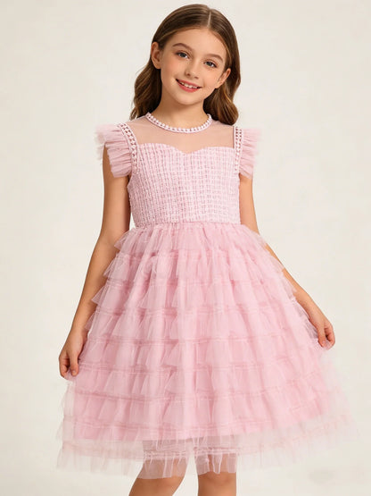 Summer Large And Medium Size Girl's Sleeveless Round-Neck Netting Patchwork Dress Sweet Dreamy Cake Puff Skirt Dress