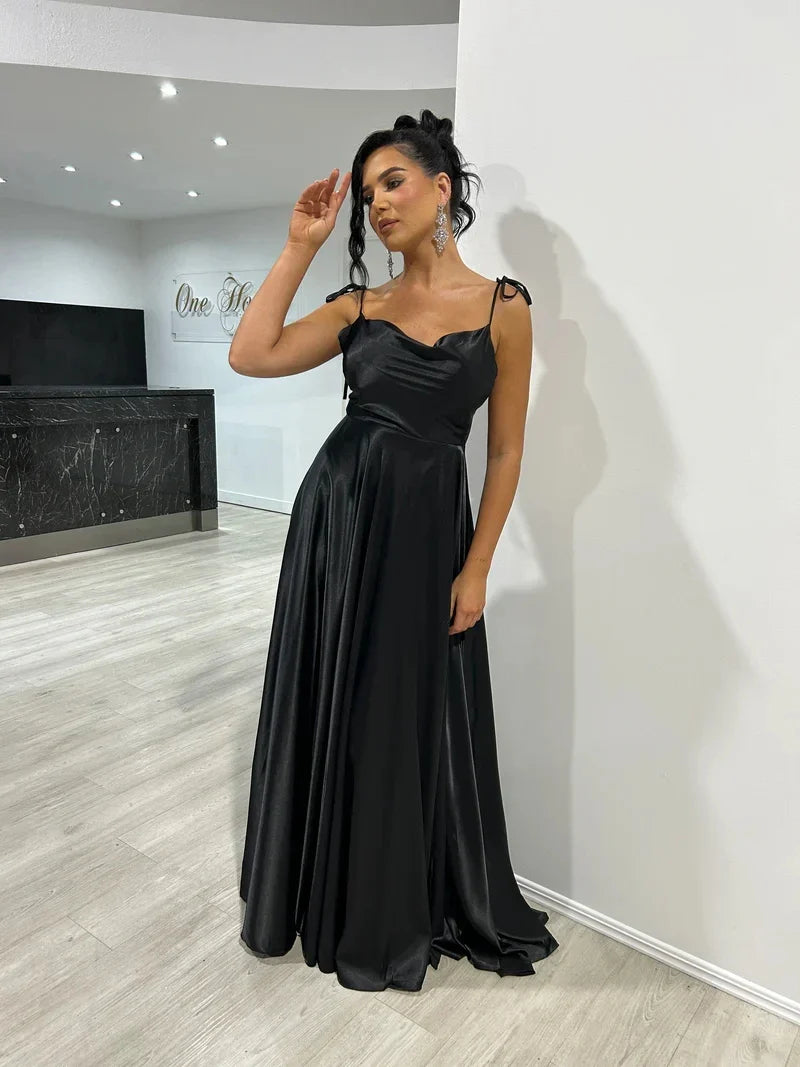 Ladies Navy Blue A-line Long Satin Evening Dresses For Women 2024 Spaghetti Straps Sexy Slit Cocktail Prom Party Gown Gala Dress