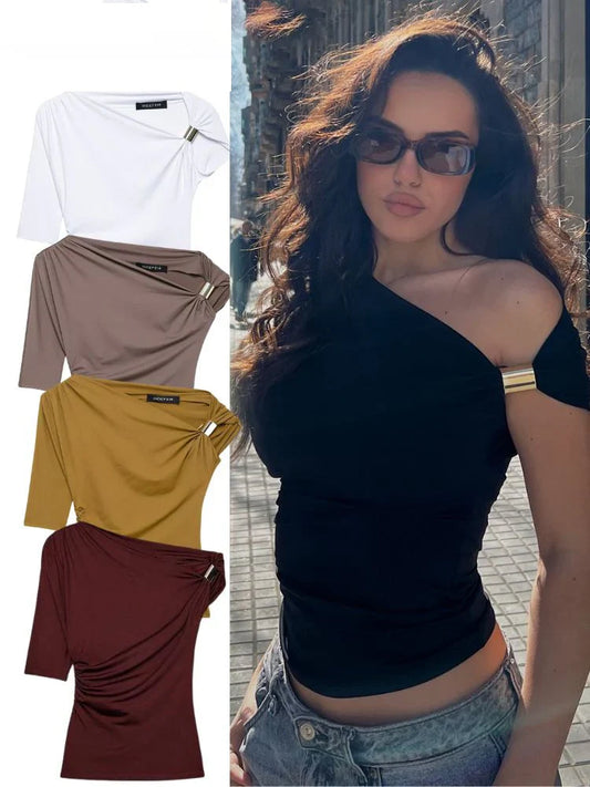 Vintage Women's Asymmetric Bustier Tops 2025 Female Sexy Skew Collar Off-shoulder Pleated Metal Decorate Shirt Streetwear