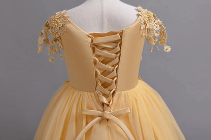 Lace up Tulle Flower Girl Dress Chest with flowers First Communion Ball Gown Wedding Party Bridesmaid Dress Kids 12Y