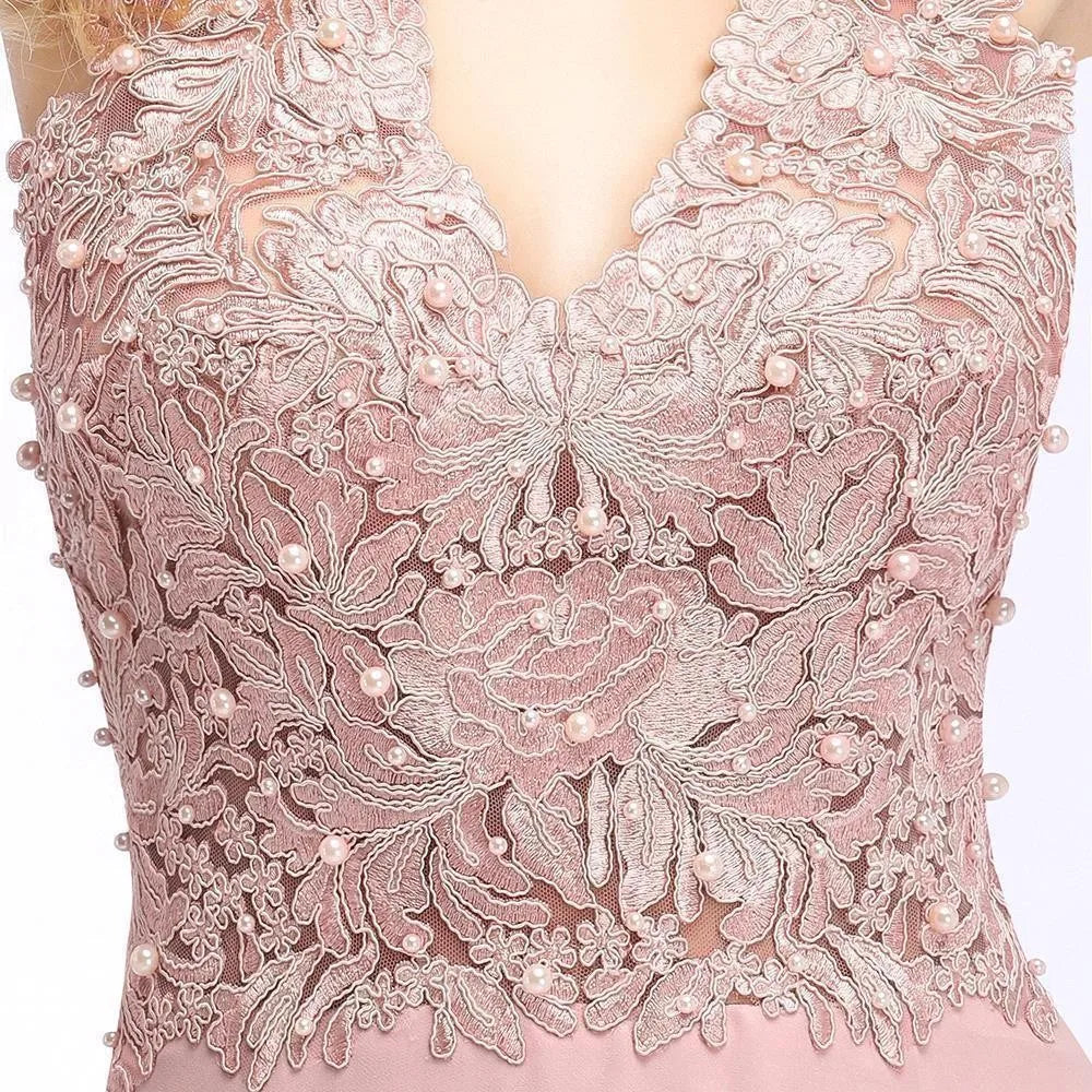 Vestido de Madrinha com Gola Halter Renda Pérolas Corpete Saia Longa até o Chão Chiffon Sexy Costas Abertas Roupa de Casamento