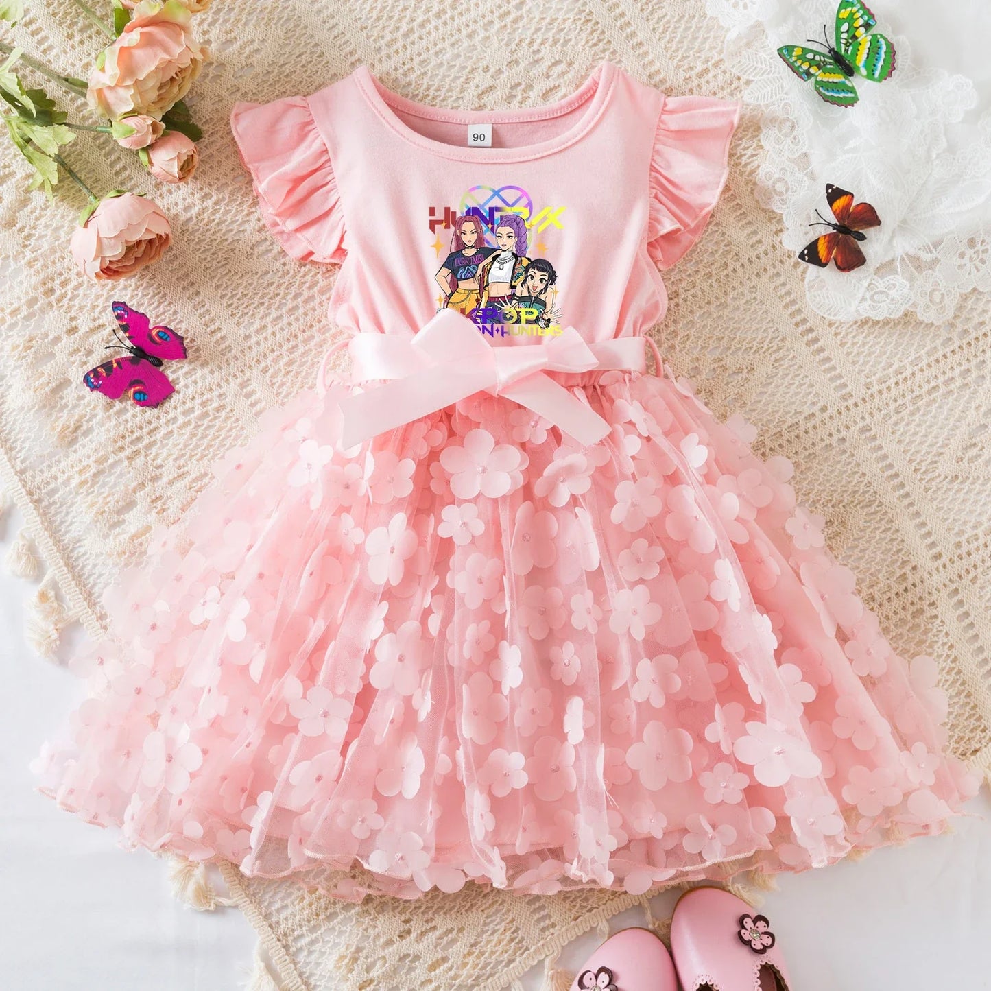 Mira Rumi Girls Summer Dress Cartoon Bow Tutu Dress 3D Butterfly Cotton Party Casual Dress for Baby 2-6 Y
