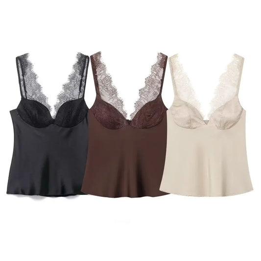 Women's Satin Lace Camisole - Sexy V-Neck Sleeveless Top for Summer, Perfect for Party & Beach Outfits, Comfortable Silky Feel