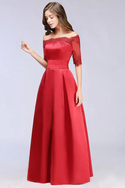 Luxury Lace Appliques Evening Dresses Elegant Satin A Line Embroidery Lace Up Prom Gowns Formal Party Vestido De Gala For Bride