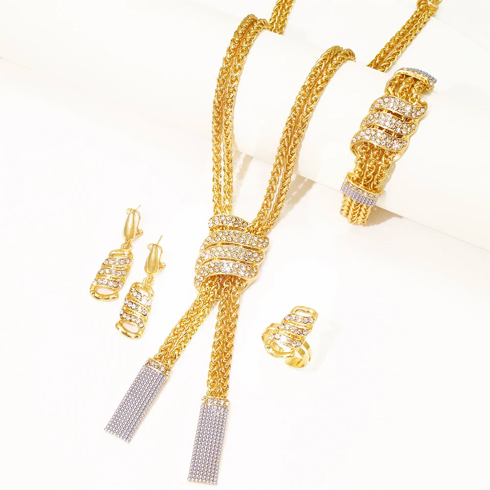 Design Women Jewelry Set 18K Gold Color Charm Necklace Chain Braclete Chic Earring Ring Indian Nigeria Jewellery Gift