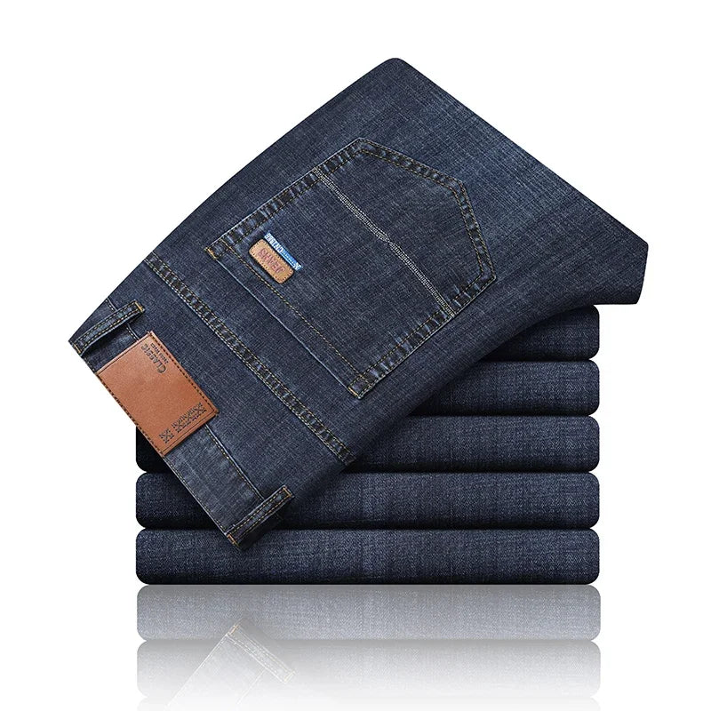 New Ice Silk Thin Denim Jeans For Men Blue Straight Stretch Cotton Pants Business Casual Lightweight Trousers Spring Summer