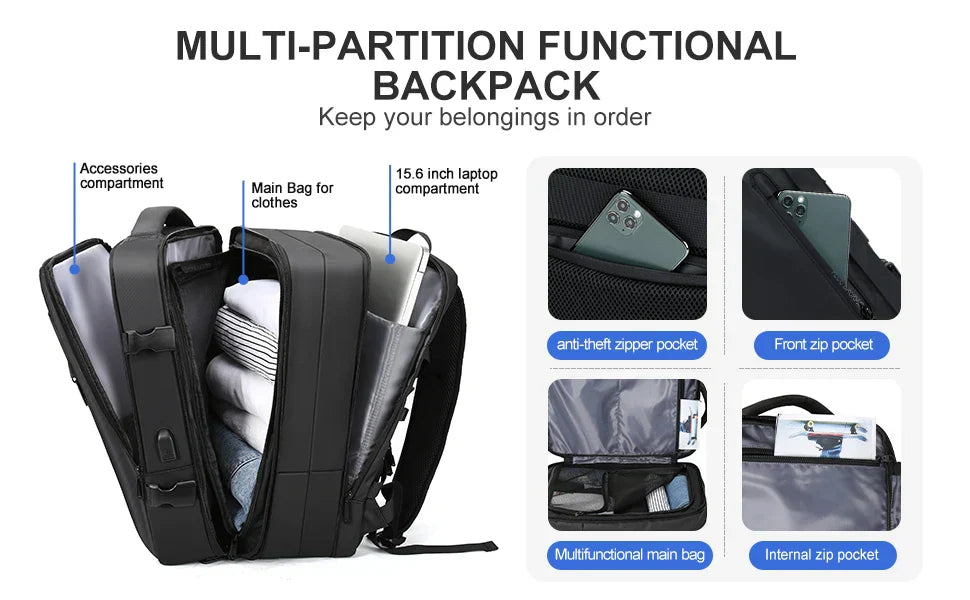 Men Backpack Business Travel Backpack Carry on Waterproof Expandable Backpacks Large Capacity Weekend Traveler Laptop Bag