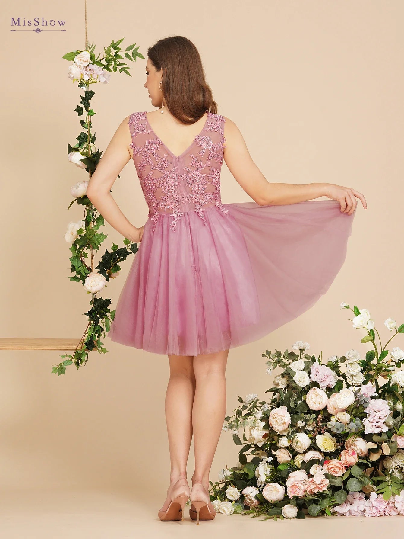 Dusty Pink A Line Short Cocktail Dreses Tulle Appliques Scoop Neck Graduation Homecoming Evening Formal Prom Party Gown Vestido