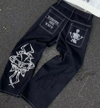 Retro Skull Embroidery Y2K Jeans Mens Hip Hop Washed Baggy Denim Pants New Straight Casual Loose Wide Leg Trouser Streetwear