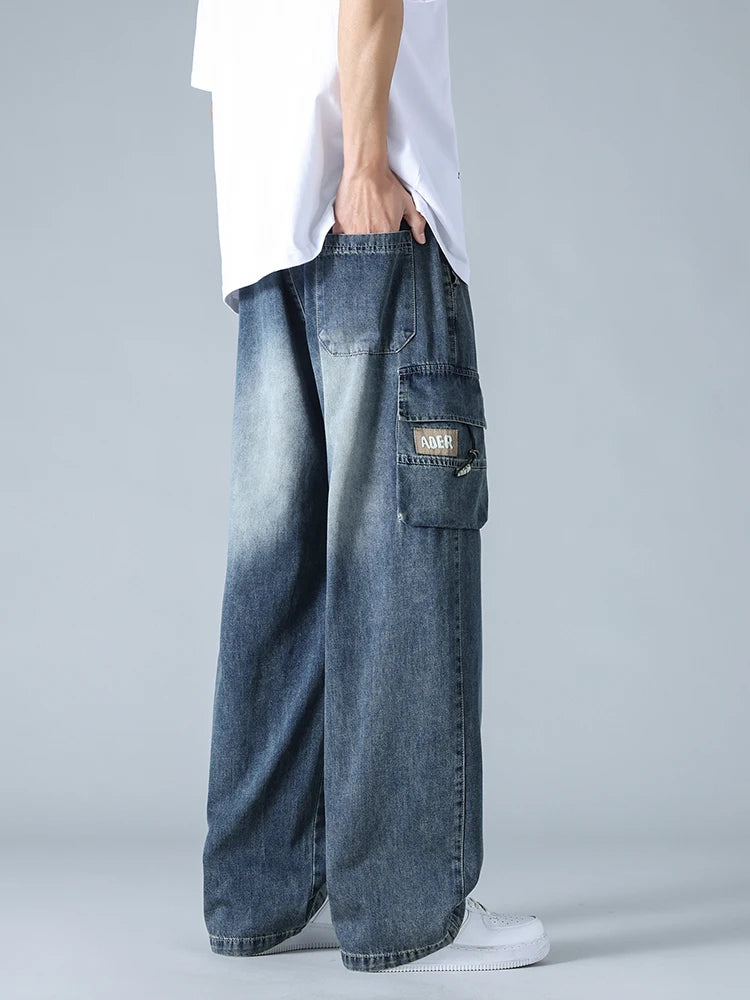 Summer Men's Straight Jeans Multi-Pockets Wide Leg Denim Cargo Pants 8XL 7XL 6XL Big Size Lightweight Baggy Solid Jeans Trousers