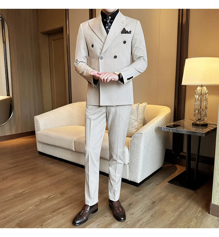 (Jackets+Pants) Luxury Double Breasted Design Slim Fit Suit High Quality Fashion Men's Wedding Social Suit Tuxedo 2 Piece Set