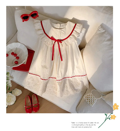Kid Girl Exquisite Dress Ruffled Lace Collar Trimmed in Red Ribbon Red Dotted Lace Cut Out Embroidery on The Skirt for Children