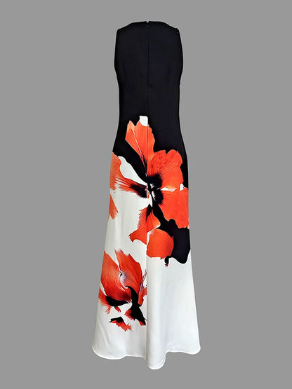 Skinny Sleeveless Flower Print Dress Women's Evening Dresses Elegant Sexy Outfit Black White Flowers Party Dress Robe