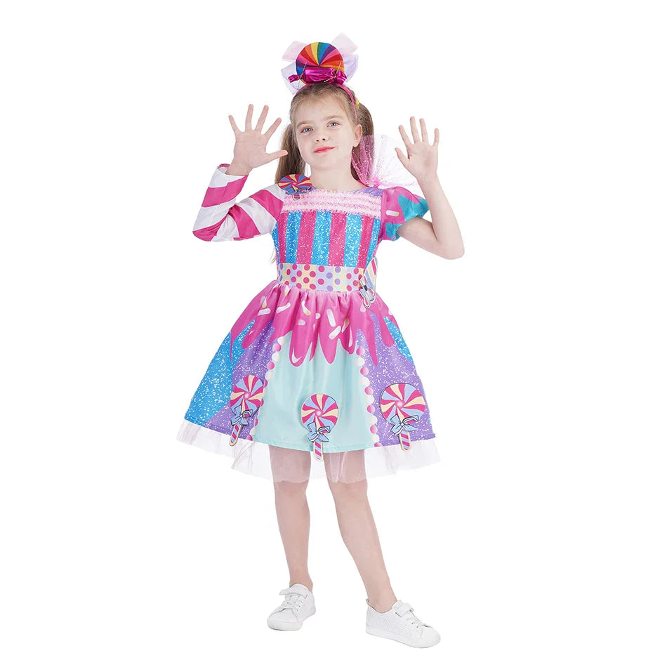 Rainbow Lollipop Girls Dress Sweet Purim Festival Celebrate Costume Fancy Carnival Children Vestidos Princess Cosplay Outfits