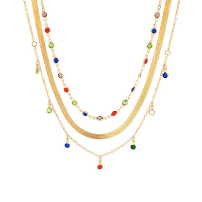 Trendy MultiLayered Color Crystal Chain Choker Necklace for Women Boho Flat Snake Chain Clavicle Short Necklace