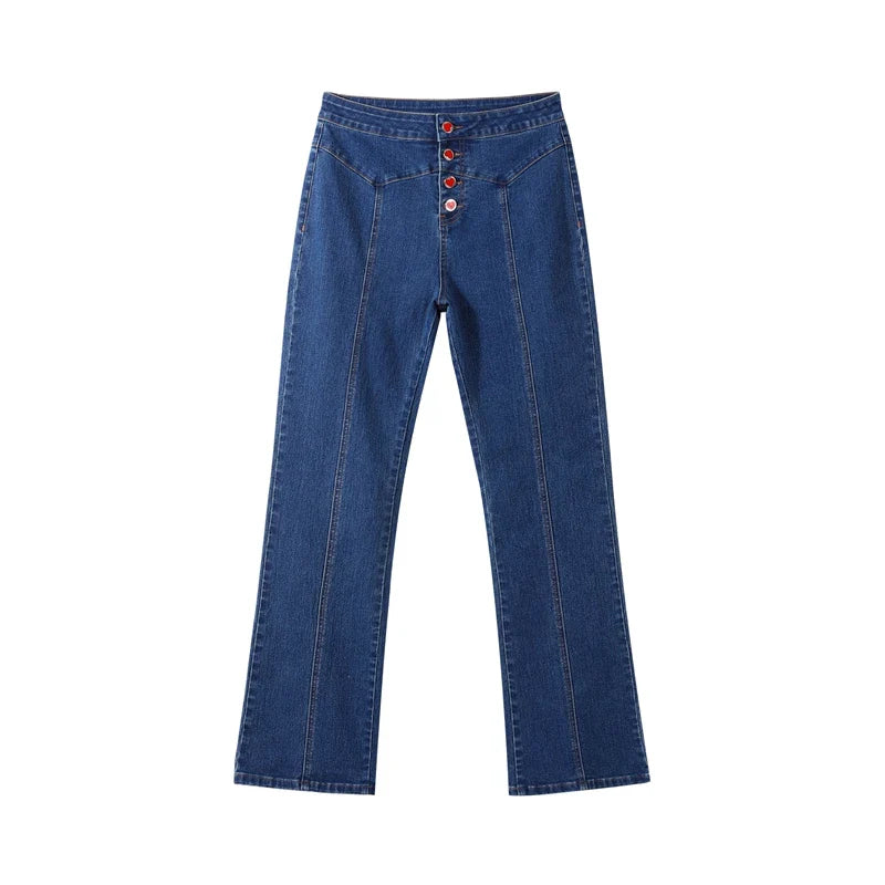 Waist Cinching Split Top Single Breasted Slim Flared Pants Woman Sets Patchwork Jeans Flounce Denim Jacket Casual Women's Suits