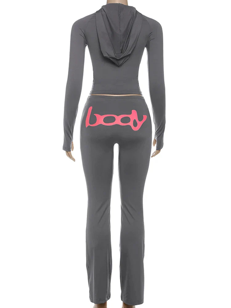 Letter Print 2 Piece Set Women Tracksuit Hooded Jacket+Leggings Matching Stretch Streetwear Casual Sporty Outfits