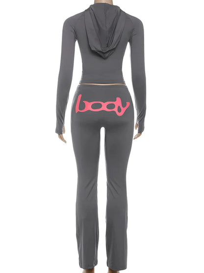 Letter Print 2 Piece Set Women Tracksuit Hooded Jacket+Leggings Matching Stretch Streetwear Casual Sporty Outfits