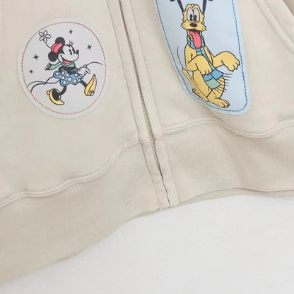 Mickey Mouse Family Patch Letter Cartoon Print Fleece Sweatshirt Jacket Unisex Women Hooded Zip Up Jumper Tops