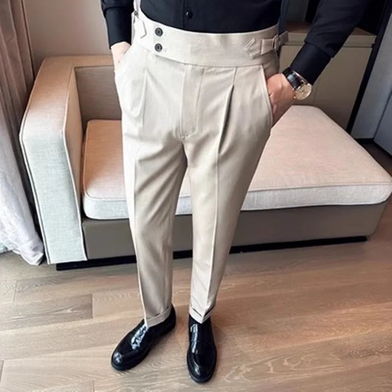New Spring Autumn High Waist Smart Casual Dress Pants Men Belt Design Slim Suit Pants Formal Wedding Social Party Mens Trousers
