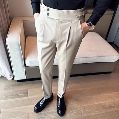 New Spring Autumn High Waist Smart Casual Dress Pants Men Belt Design Slim Suit Pants Formal Wedding Social Party Mens Trousers