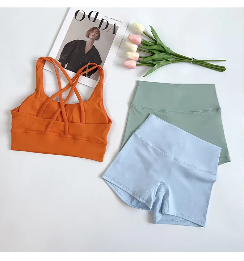 2Pcs Yoga Sets Naked Feel Gym Set Women Workout Clothes High Waist Yoga Shorts And Strappy Sports Bra Short Sets Summer