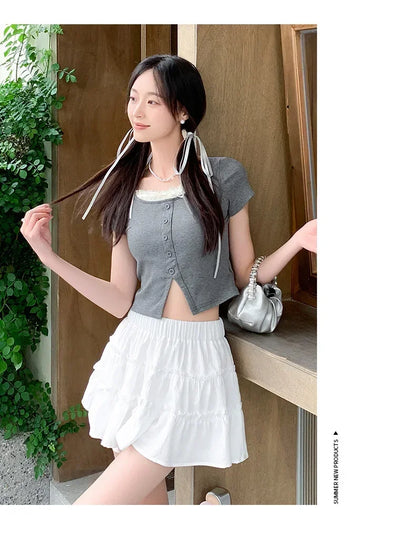 Elegant pink mini dress new summer thin style French ballet design cake skirt lace edge WOMEN'S JK skirt