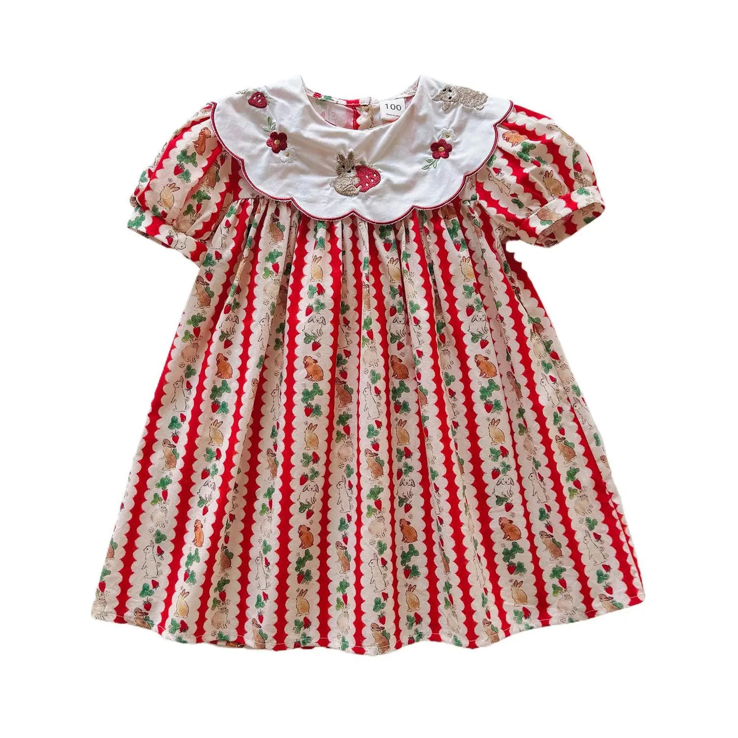 Kid Girl Adorable Short Sleeve Dress Red White Vertical Stripes Bunny Strawberry Print Peter Pan Collar Skirt for Children