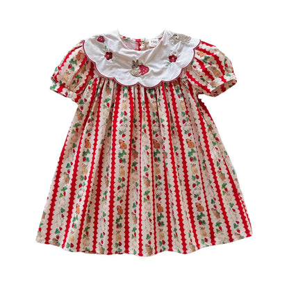 Kid Girl Adorable Short Sleeve Dress Red White Vertical Stripes Bunny Strawberry Print Peter Pan Collar Skirt for Children