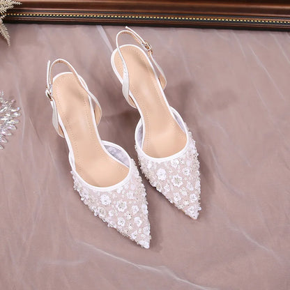 Size 34-42 2025 Summer Beaded High Heel Wedding Shoes Women Lace Mesh Party Dress Shoes