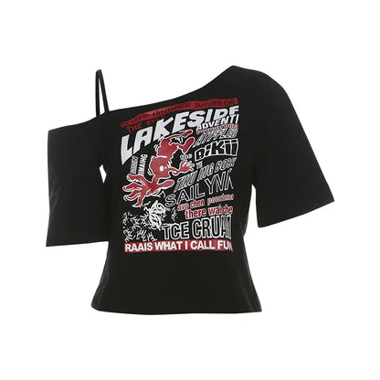 Tee Y2k Letter Print Off Shoulder Punk T-shirts Women Harajuku Summer Streetwear Grunge T Shirt Aesthetic Sexy Crop Tops