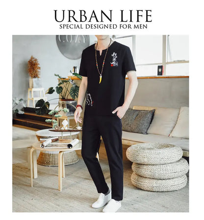 (Shirt + trousers) 2025 summer Chinese Style men shirt Cotton and linen shirts men's High quality casual shirts Two Piece M-5XL