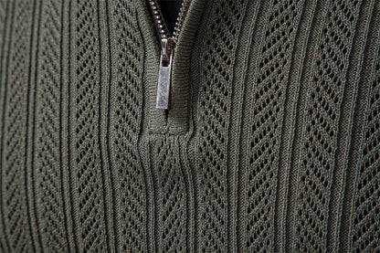 Zip Placket Polo Shirt Men Premium Solid Color Slim Fit Long Sleeve Textured Fabric Business Casual Autumn Winter