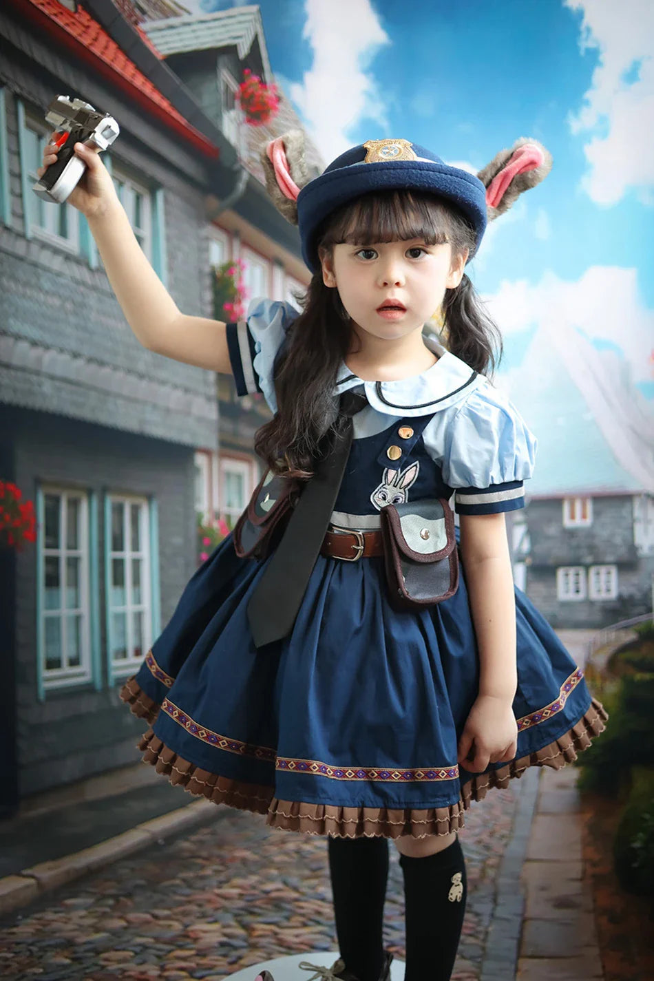 Judy Cosplay Costume Kids Carnival Party Dress Girls Tie Headdress Belt Socks Sets Police Role Play Movie Uniform Birthday Gift