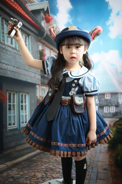Judy Cosplay Costume Kids Carnival Party Dress Girls Tie Headdress Belt Socks Sets Police Role Play Movie Uniform Birthday Gift
