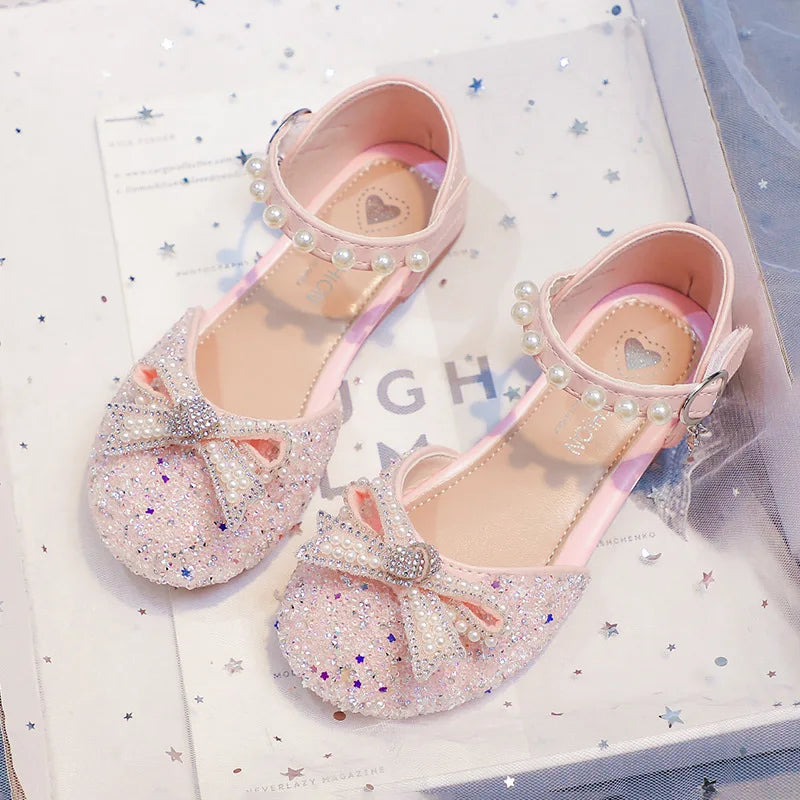 2026 Girls' Princess Shoes Spring And Summer Sandals White Flat Dress Shoes Pearl Decoration For Kids And Teens