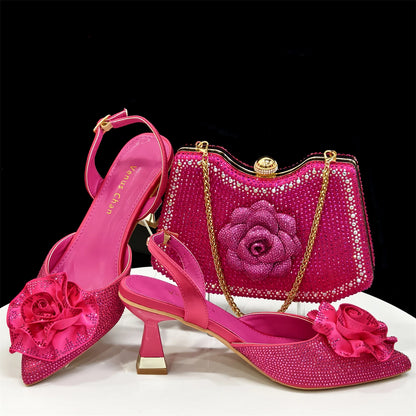 Trendy Brown High Heel Women's Shoes with 3D Rose Rhinestones & Matching Handbag Set - Italian-Inspired Pointed-Toe Design