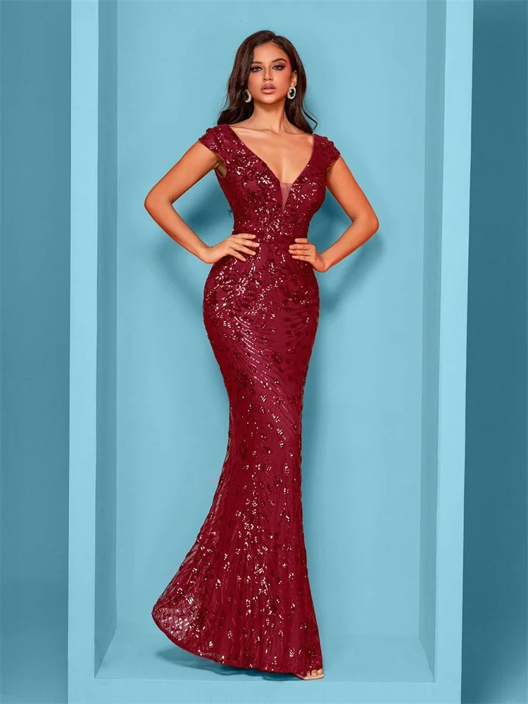 Elegant Champagne Evening Dress For Women Long 2024 Luxury Mermaid Formal Sequins Prom Wedding Party Cocktail Dresses