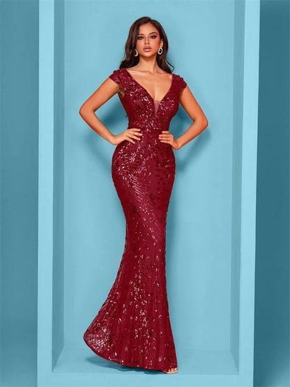 Elegant Champagne Evening Dress For Women Long 2024 Luxury Mermaid Formal Sequins Prom Wedding Party Cocktail Dresses