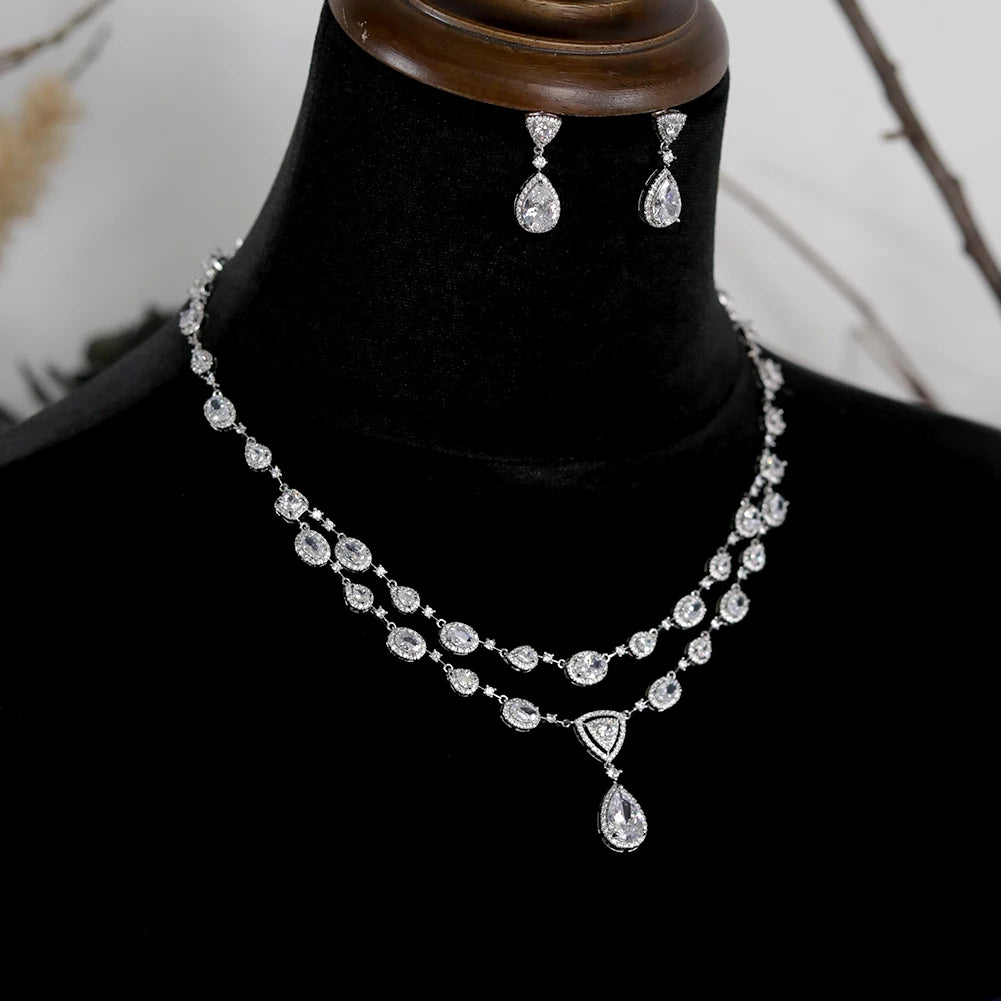 White Transparent Two-layer Water Drop 2PCS Crystal Necklace and Earring Zircon Jewelry Sets Wedding Party Bridal Accessories