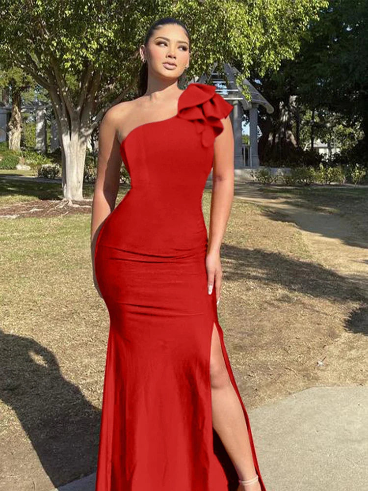 New Summer One Shoulder Split Sexy Dress sleeveless Sloping Shoulders Dresses